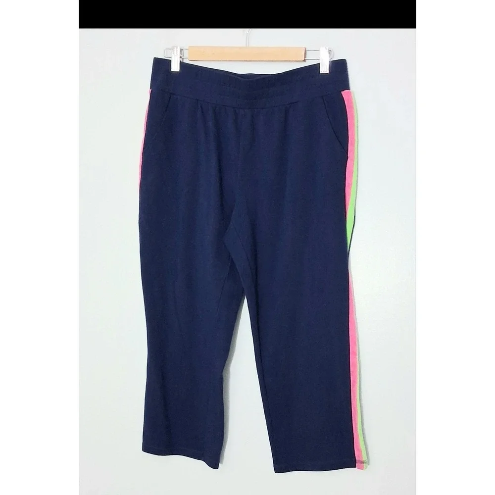 Belle Beach by Kim Gravel‎ Pants* Size M Blue Side Stripes French Terry Crop